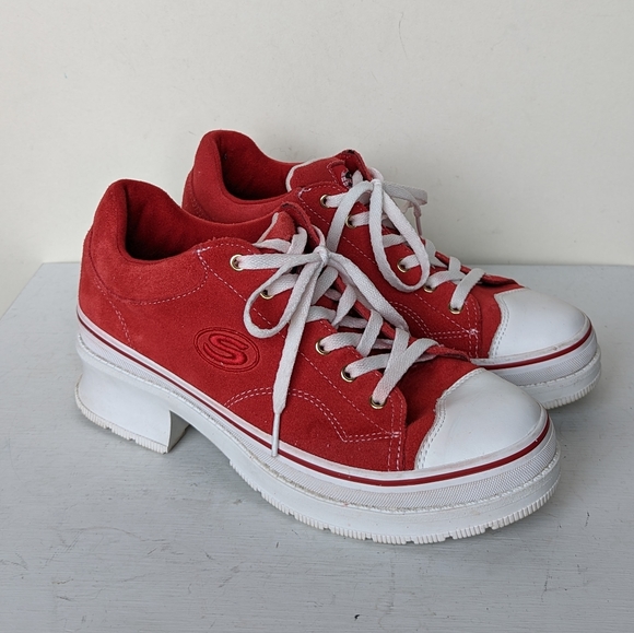 Skechers Shoes - Skechers Heartbeat Softy Heeled Y2K 90s Red Leather Sneakers